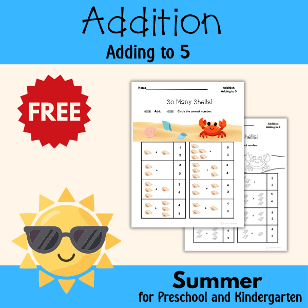 Free Seashells Addition Worksheet for Preschoolers